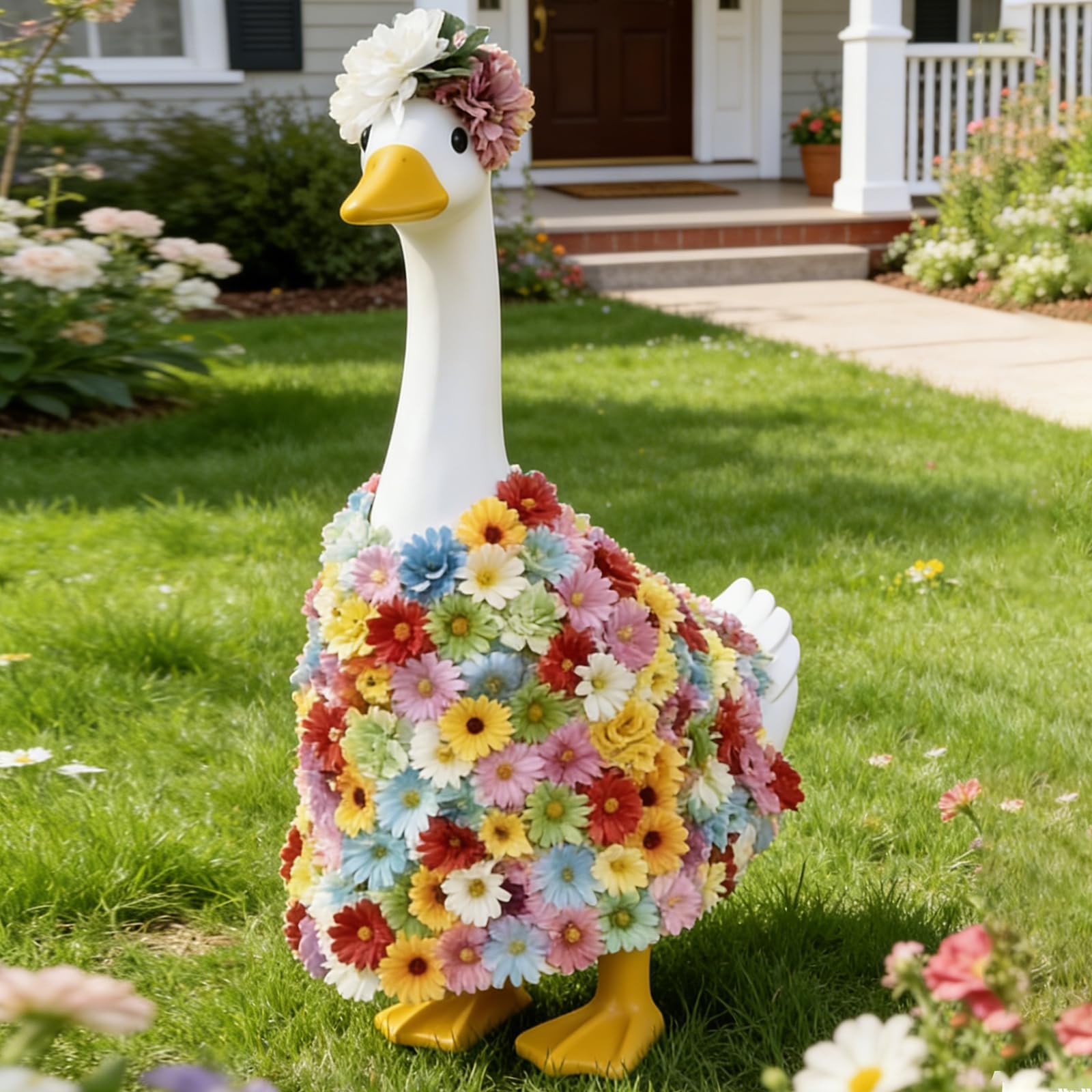 Outus Flower Goose Outfits 23 Inch Summer Porch Goose Outfits Flower Geese Clothes for Plastic Cement Lawn Statue Geese Spring Porch Door Garden Yard Patio Outdoor Decor