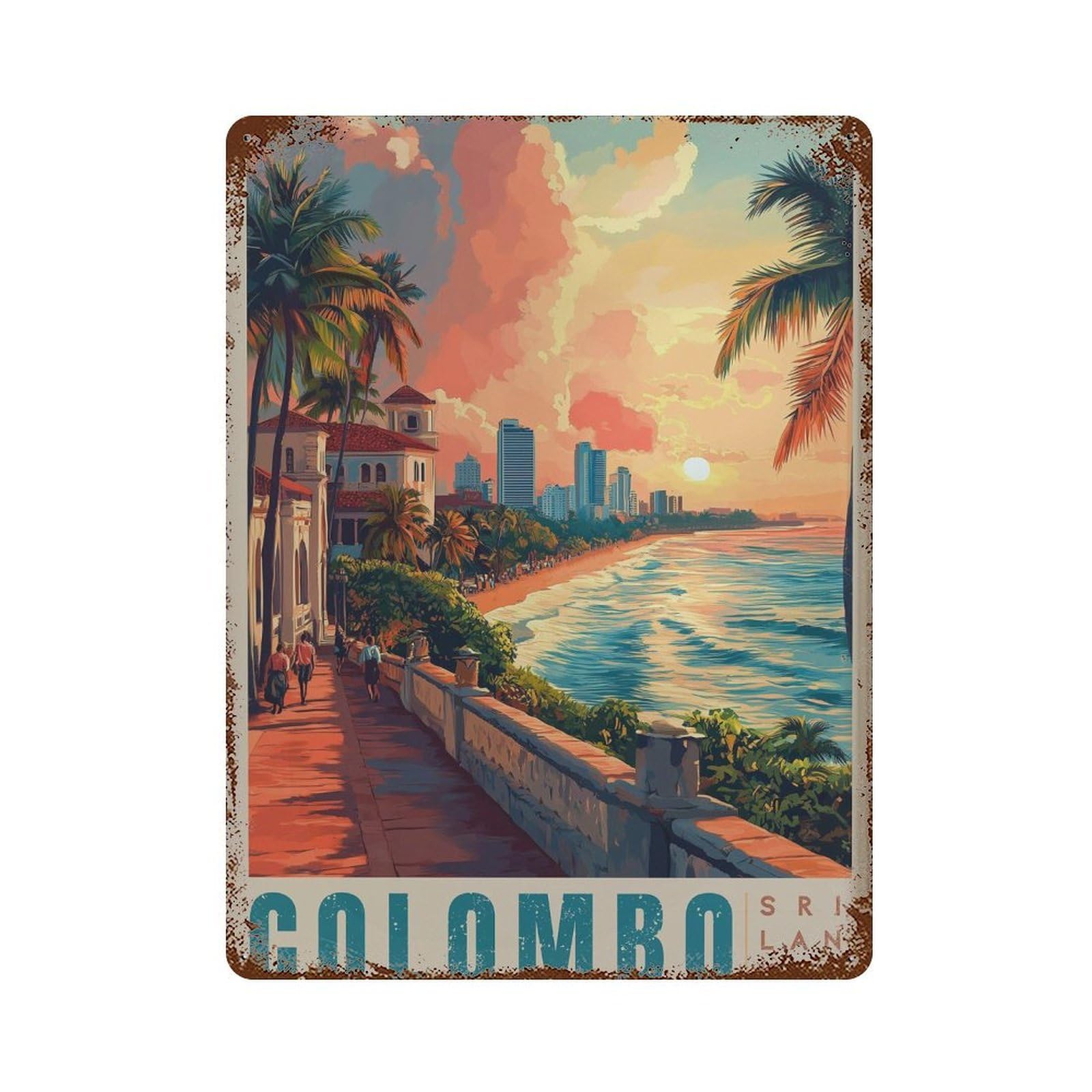 xiaoxiaoshen Colombo Travel Tropical Sunset Vibrant Coastal Wall Decor Art Metal Tin Poster Modern Home Decor Art Home Bar Shop Decorations Vintage Sign 40x30cm