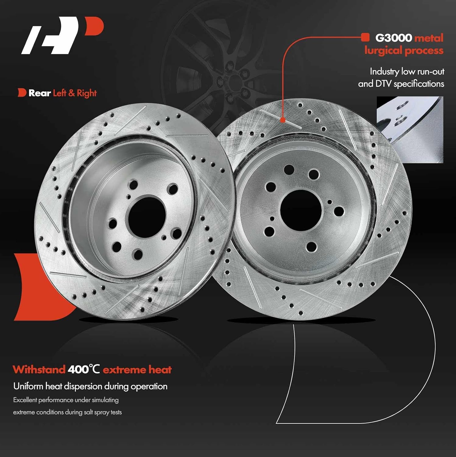 A-Premium 12.20 inch (310.00mm) Rear Drilled and Slotted Disc Brake Rotors Compatible with Lexus Models - IS250 2010-2015, IS350 2006-2015, GS300 2006, GS350 2007-2011, GS430, GS450h, GS460, 2-PC Set