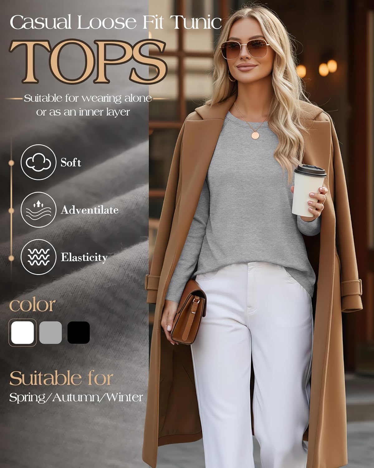 Ficerd 3 Pack Women's Long Sleeve T-Shirts Crew Neck Raglan Sleeve Casual Loose Fit Shirts Side Split Curved Hem Tunic Tops - Image 2