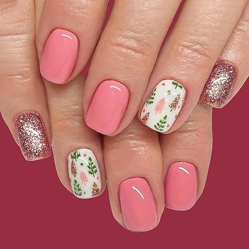 Christmas Press on Nails Short Square Fake Nails with Pink