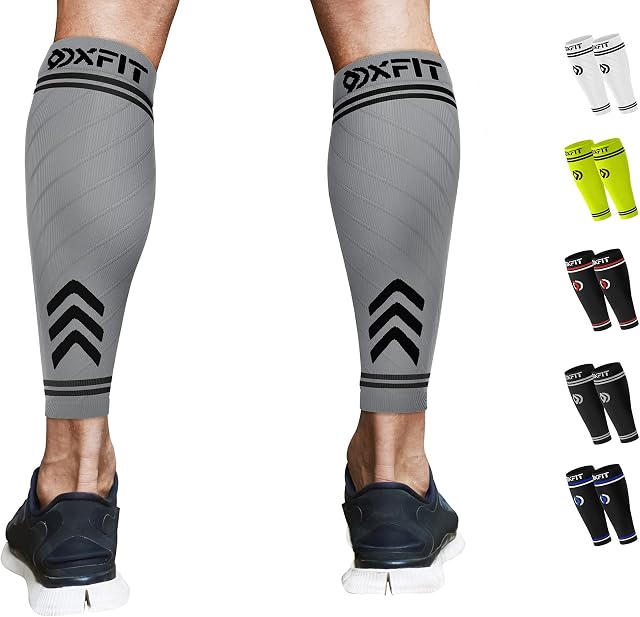 OXFIT Calf Compression Sleeve for Men & Women - Shin Splints Support, Calf Sleeves Ideal for Running, Injury Recovery, Leg Socks, Muscle Cramps - Pair (L, Grey)