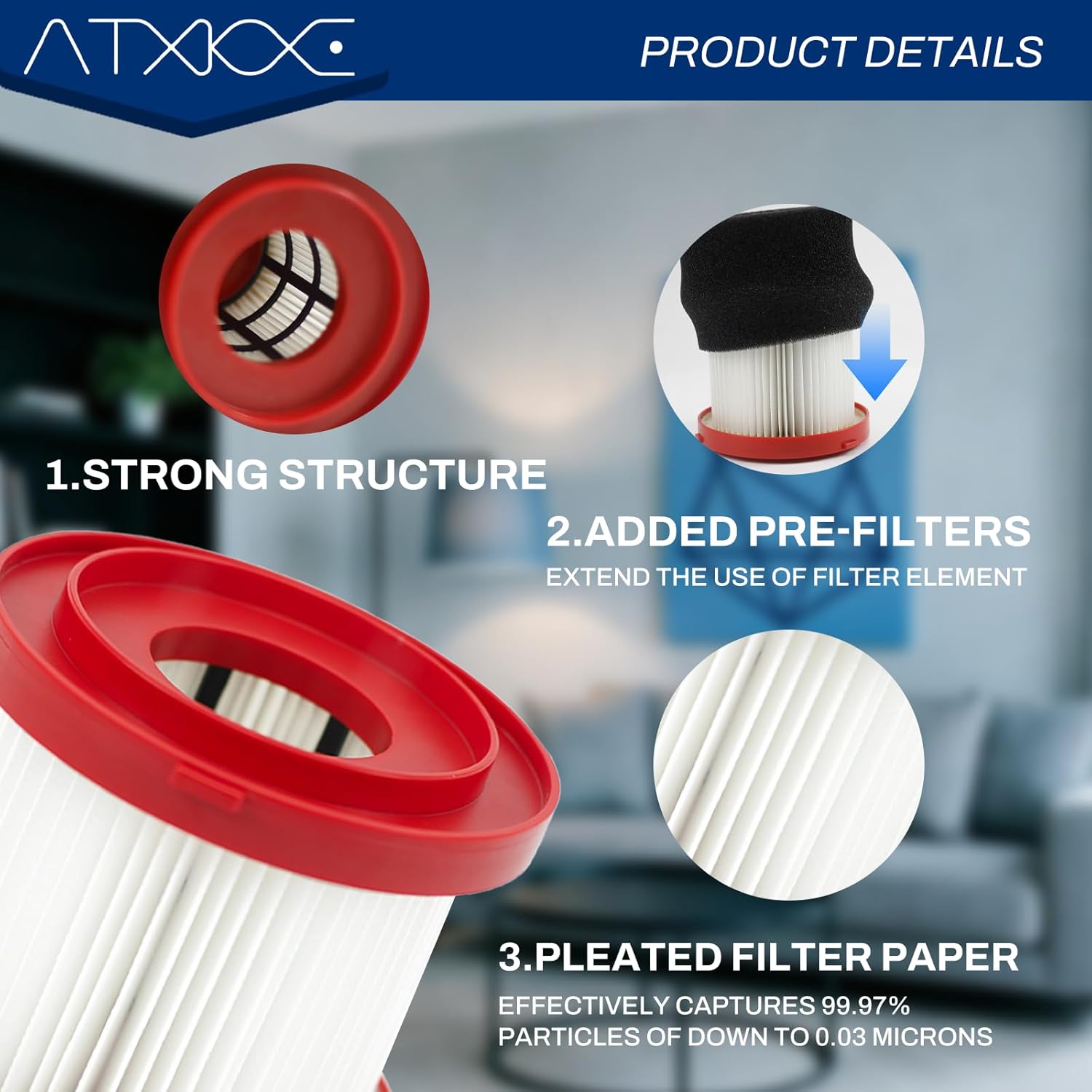 3 Pack 49-90-1900 Wet Dry Vacuum Filter Replacement Compatible With Milwaukee Shop Vac Filter, M18 Vacuum Filter, 0780-20 0880-20, with 6 Foam Sleeve Filters and 1 Cleaning Brush