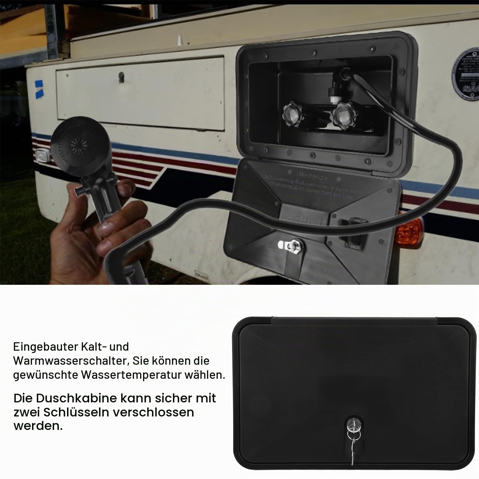 Qiilu Außendusche für Wohnmobile Schwarzes ABS-Außenduschen-Kit Außendusche für Wohnmobile mit 2 Schlüsseln RV-Zubehör für Wohnmobil Wohnmobil Wohnwagen