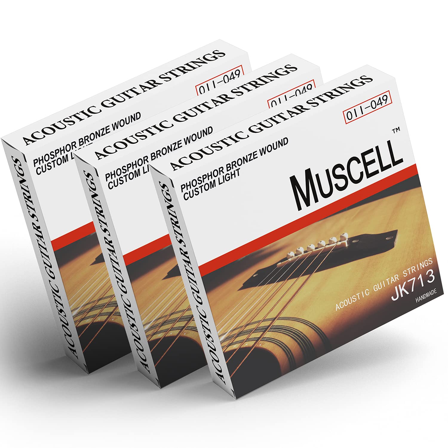 MUSCELL Handmade Phosphor Bronze Acoustic Guitar Strings-3 Packs - 6 Strings - Custom Light JK713