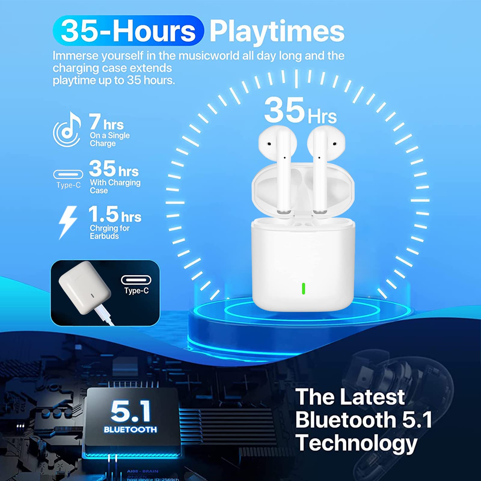 Cuffie Bluetooth, Cuffie Wireless con Microfono, In Ear Auricolari Bluetooth Riduzione del Rumore, IPX7 Impermeabili con HiFi Stereo Cuffiette, 35 Ore di Riproduzione con Controllo Touch, Bianco