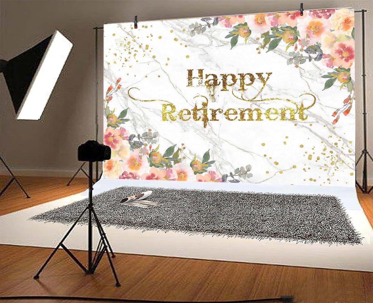 1,8 x 1,8 m Happy Retirement Banner sfondo per donne decorazioni per feste grano di marmo oro glitter sfondo foto decorazioni per feste grano di marmo congratulazioni foto stand puntello