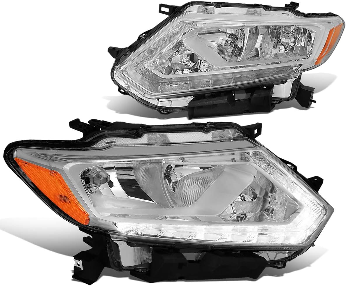 Auto Dynasty LED DRL Headlights Assembly Compatible with 2014 2015 2016 Nissan Rogue, Pair of Halogen Headlamps Replacement w/LED Switchback Running Light Bar, Black Housing Clear Corner