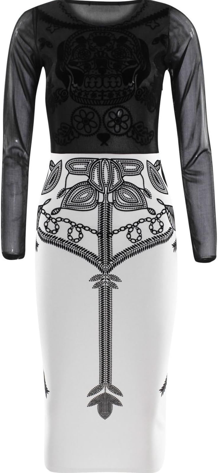 Womens Kim Kardashian Mesh Skull Velvet Print Bodycon Stretch Pencil Midi Dress - White - UK 16 - (95% Polyester and 5% Elastane)