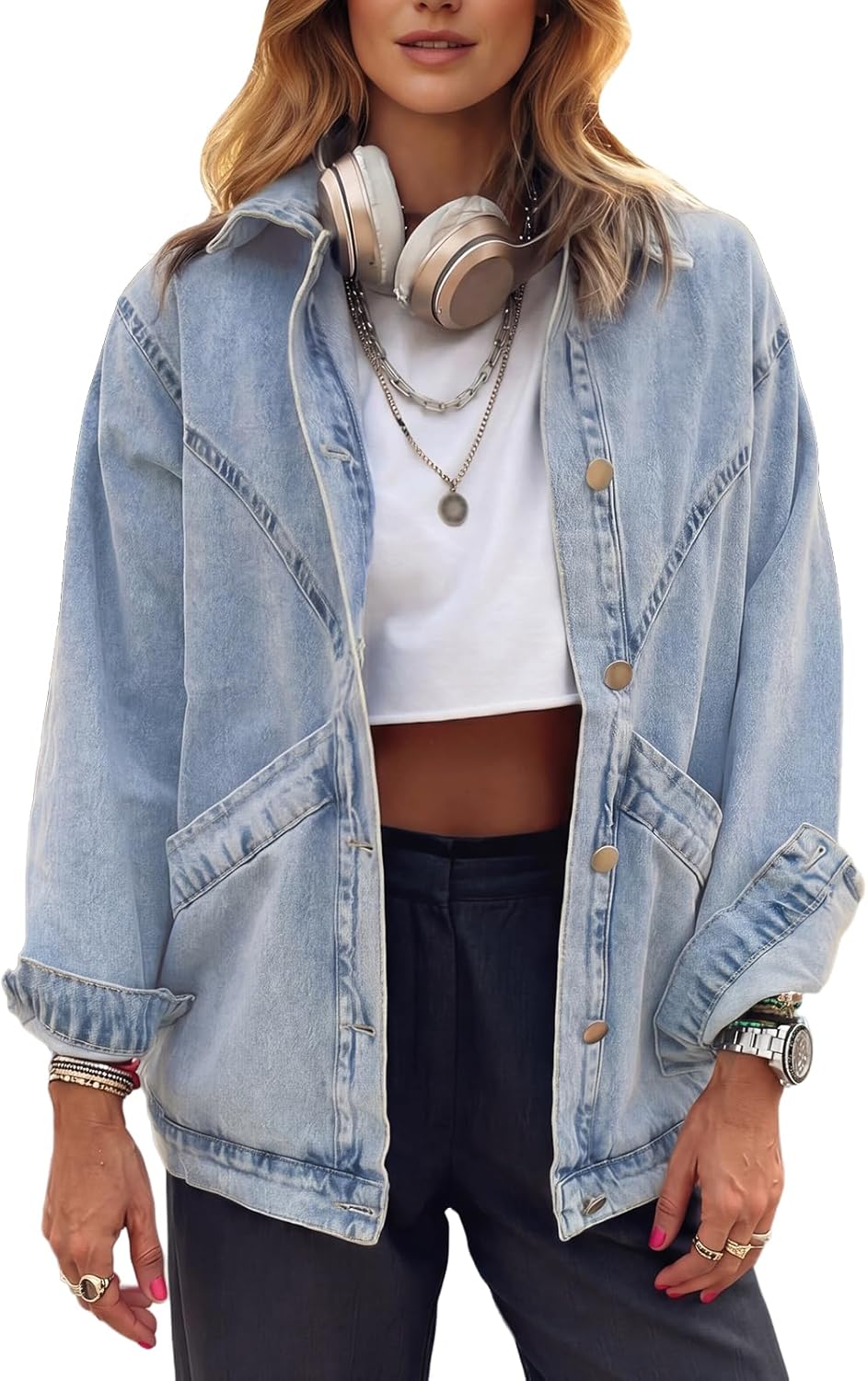 Women's Casual Oversized Button Up Denim Jackets Shacket Long Sleeve Pockets Denim Jean Jacket with Huge Pockets