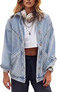 Women's Casual Oversized Button Up Denim Jackets Shacket Long Sleeve Pockets Denim Jean Jacket with Huge Pockets