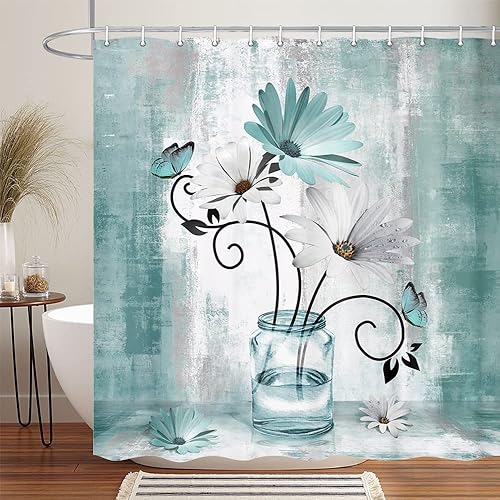 Miniatura 5 de Cortina de ducha rústica floral de granja, juego de cortina de ducha de campo con flores de margarita azul verdoso y mariposas abstractas, cortinas