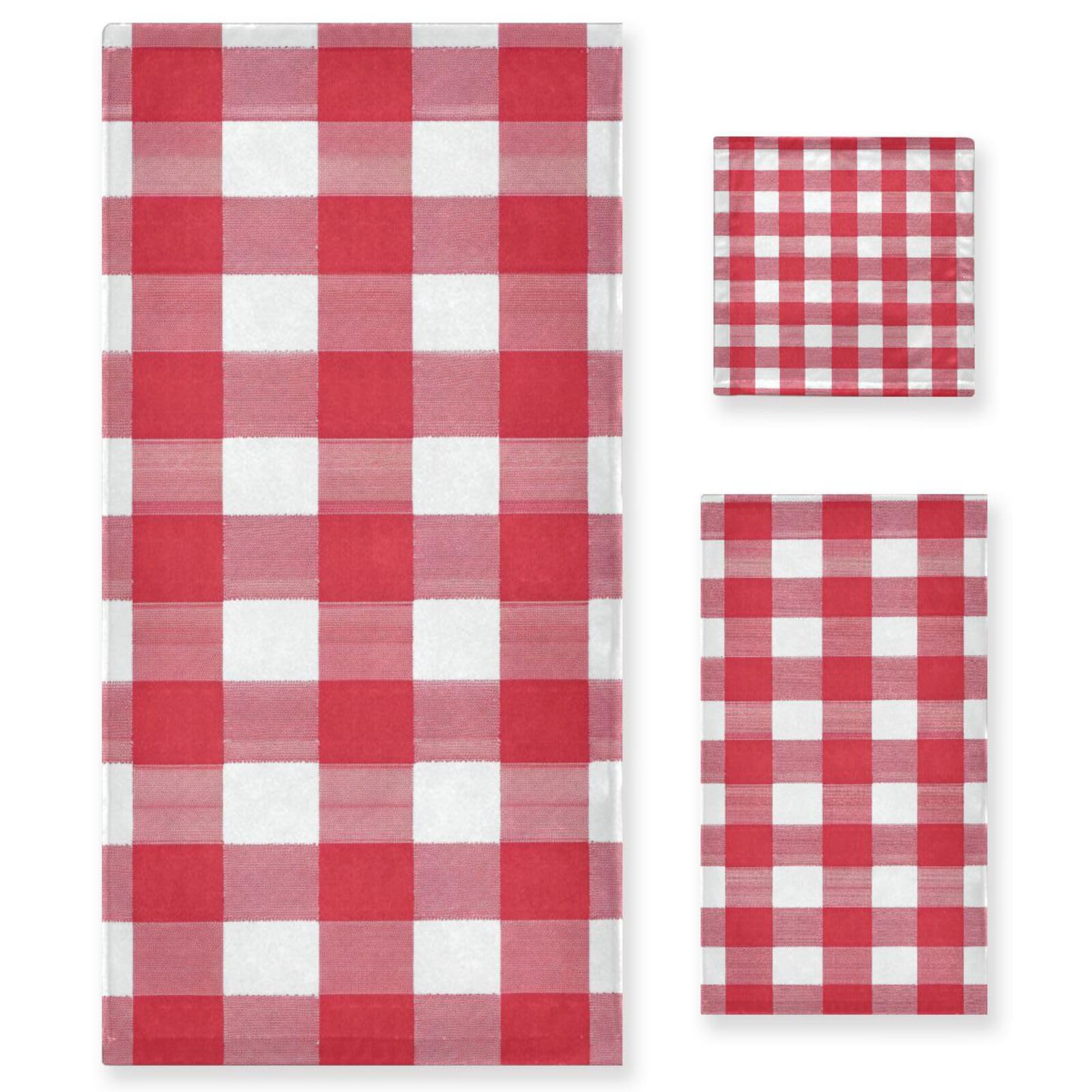 Buffalo Plaid w kratkę czerwone białe miękkie ręczniki do twarzy zestaw 3 sztuk, 1 ręcznik kąpielowy 1 ręcznik do rąk 1 myjka do łazienki kuchni