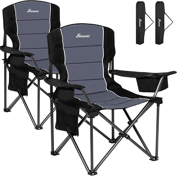 Romswi Oversized Camping Chairs,Heavy Duty Support 500 LBS,Padded Back & Arm Sport Chairs, Cup Holder Cooler Bag, Collapsible Folding Chairs for Outdoor, Fishing & Garden, 2-Pack
