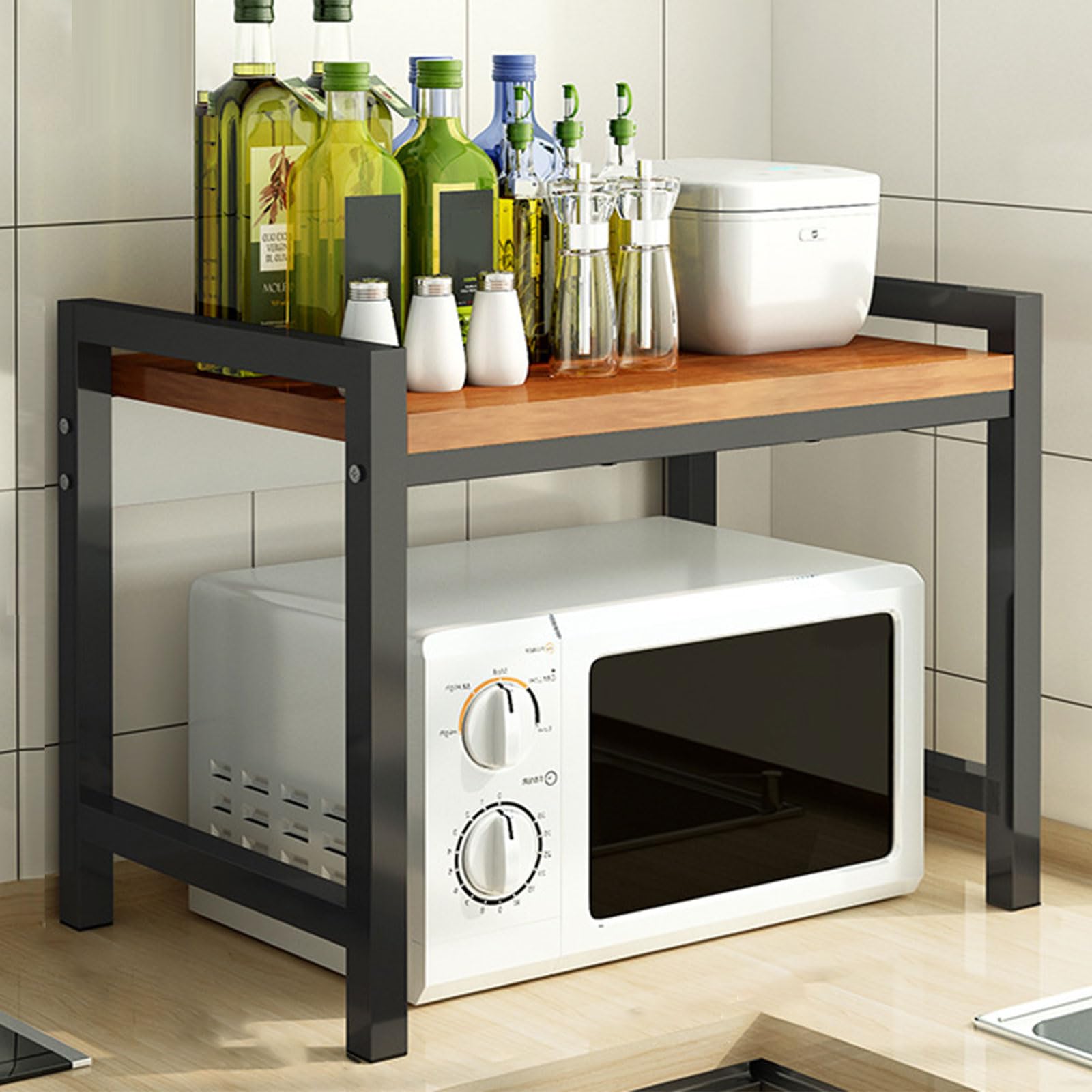 Dxcaicc Microwave Ove Rack,2-Tier Wooden Microwave Shelf Stand for Countertop,Kitchen Counter Organization for Utensils,Seasoning,Tableware Storage,A