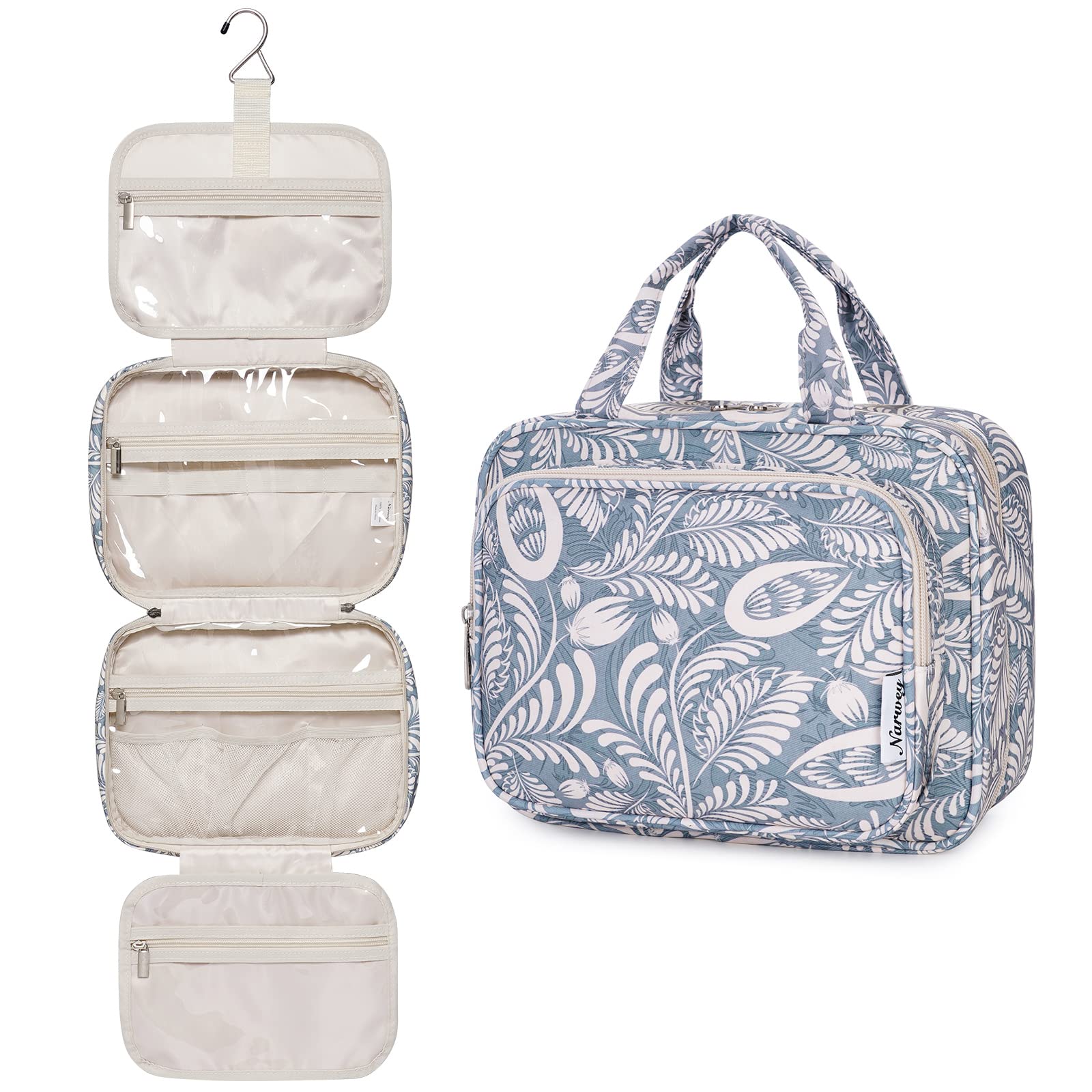 Narwey Hanging Toiletry Bag for Women Travel Makeup Bag Organizer Toiletries Bag for Travel Size Essentials Accessories Cosmetics (Blue Leaf (Medium))