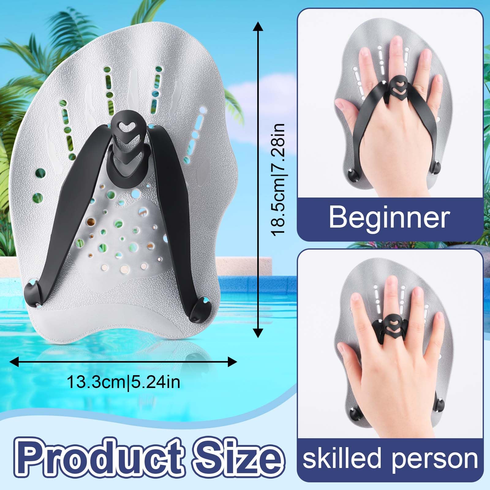 WuGU Palas Natacion, Pala de Mano para Piscina con Correas Ajustables, Paletas de Natación para Adultos Unisex, Pala de Entrenamiento de Natación Profesional para Adultos Niño Unisex(Plata)