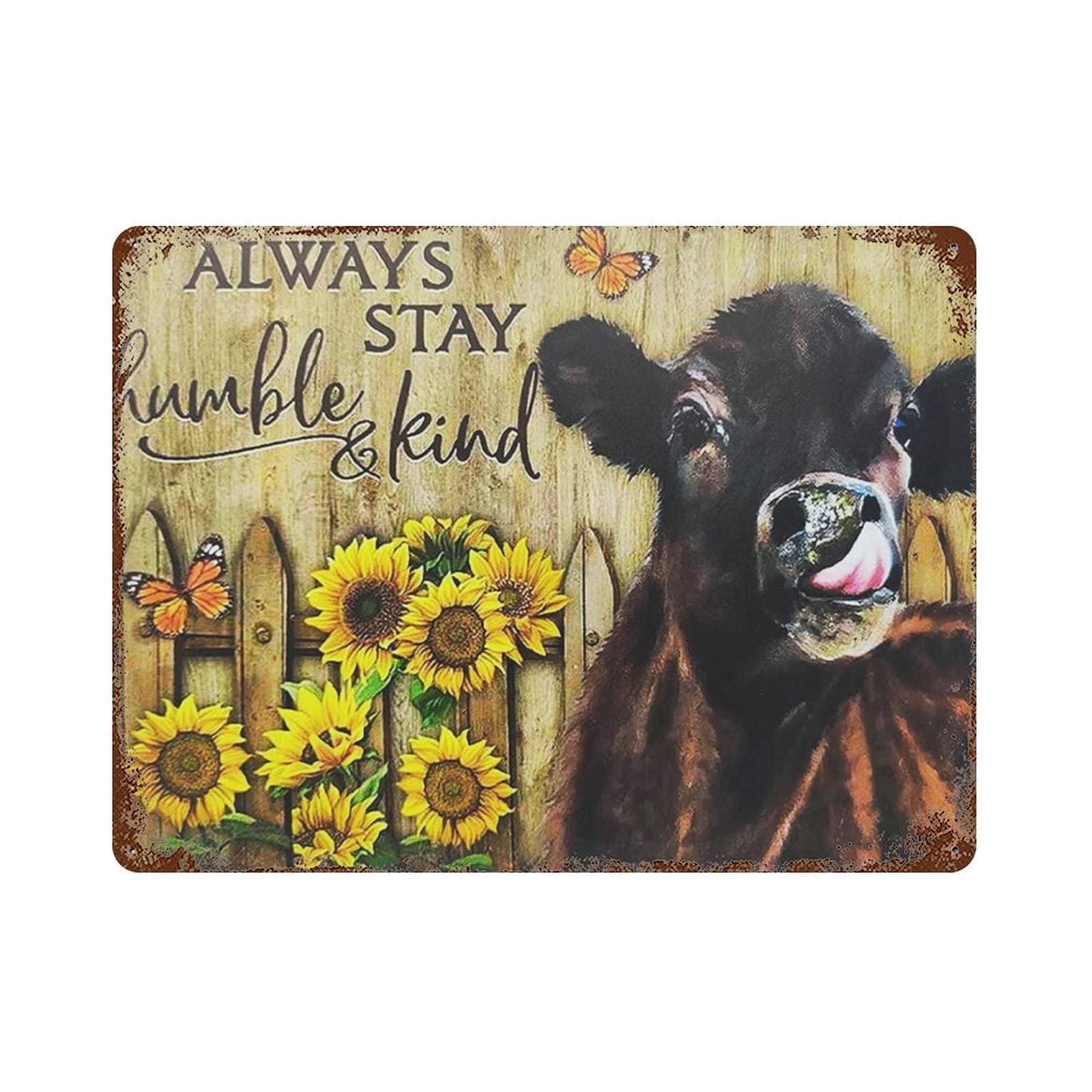 AOOEDM Cow And Sunflower Stay Humble And Kind Metal Tin Signs for Man Cave Funny Art Wall Plaque Kitchen Bar Sign Coffee Shop Garage Wall Decor Hanging Decor