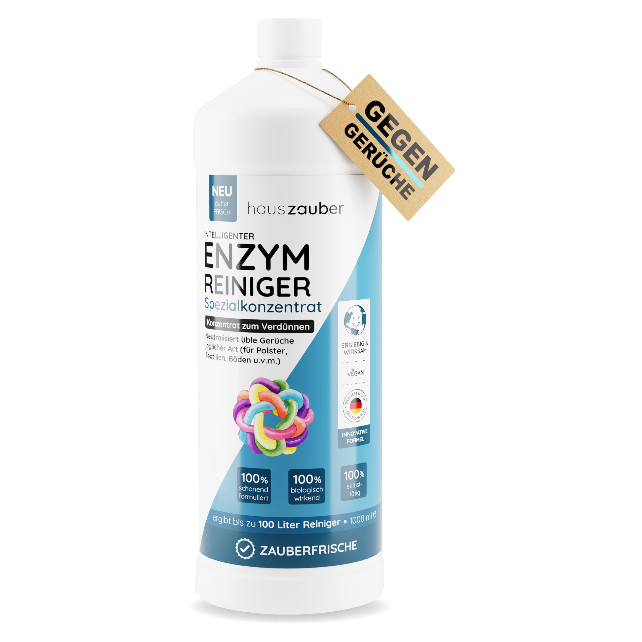 hauszauber - Enzymreiniger Konzentrat - [STARKER GERUCHSENTFERNER] - 1000 ml - Gegen Urin, Katzenurin, Hundeurin, Kot - Geruchsneutralisierer - Zauberfrische