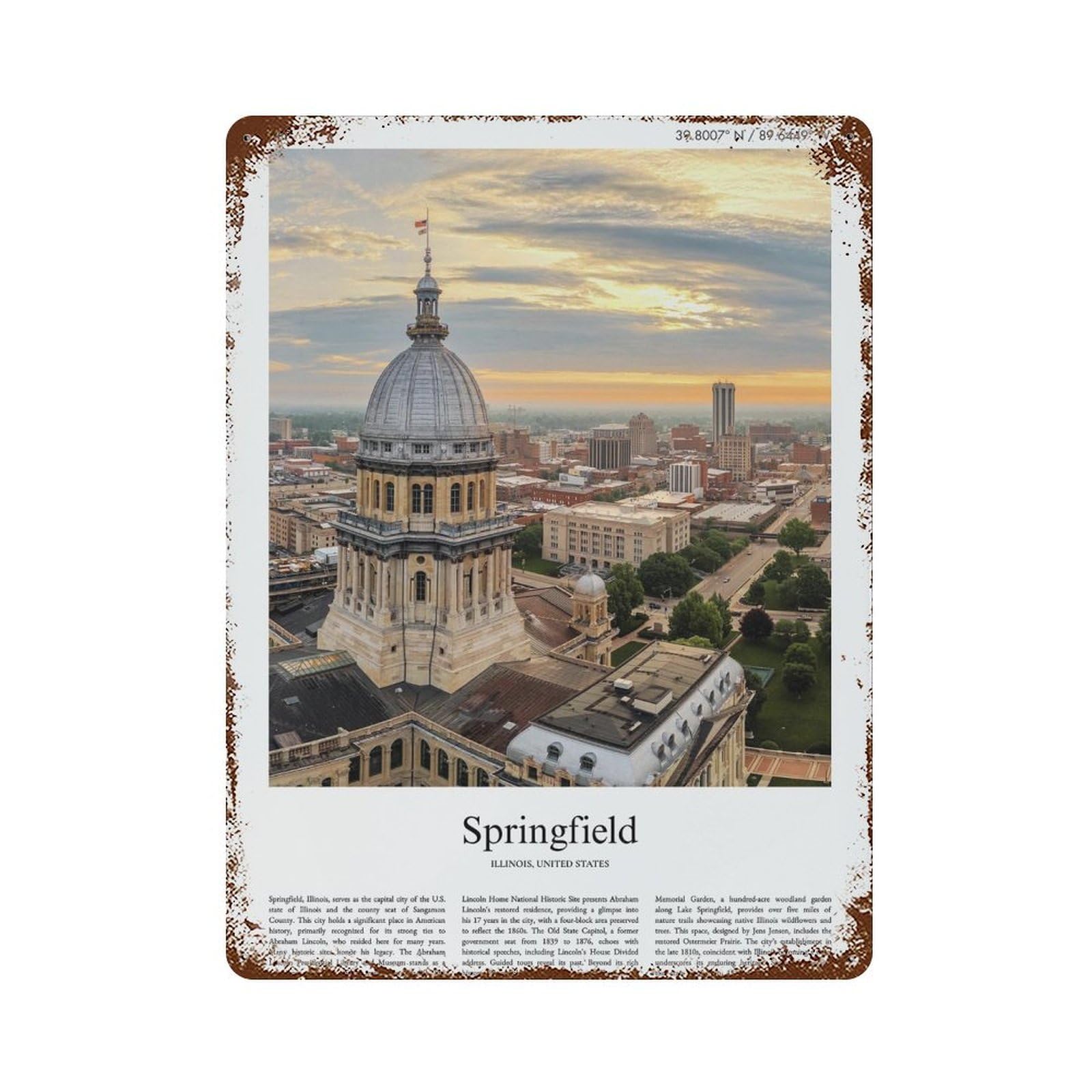 xiaoxiaoshen Springfield Illinois, United States, USA City Scenery Wall Decor Art Metal Tin Poster Modern Home Decor Art Home Bar Shop Decorations Vintage Sign 40x30cm