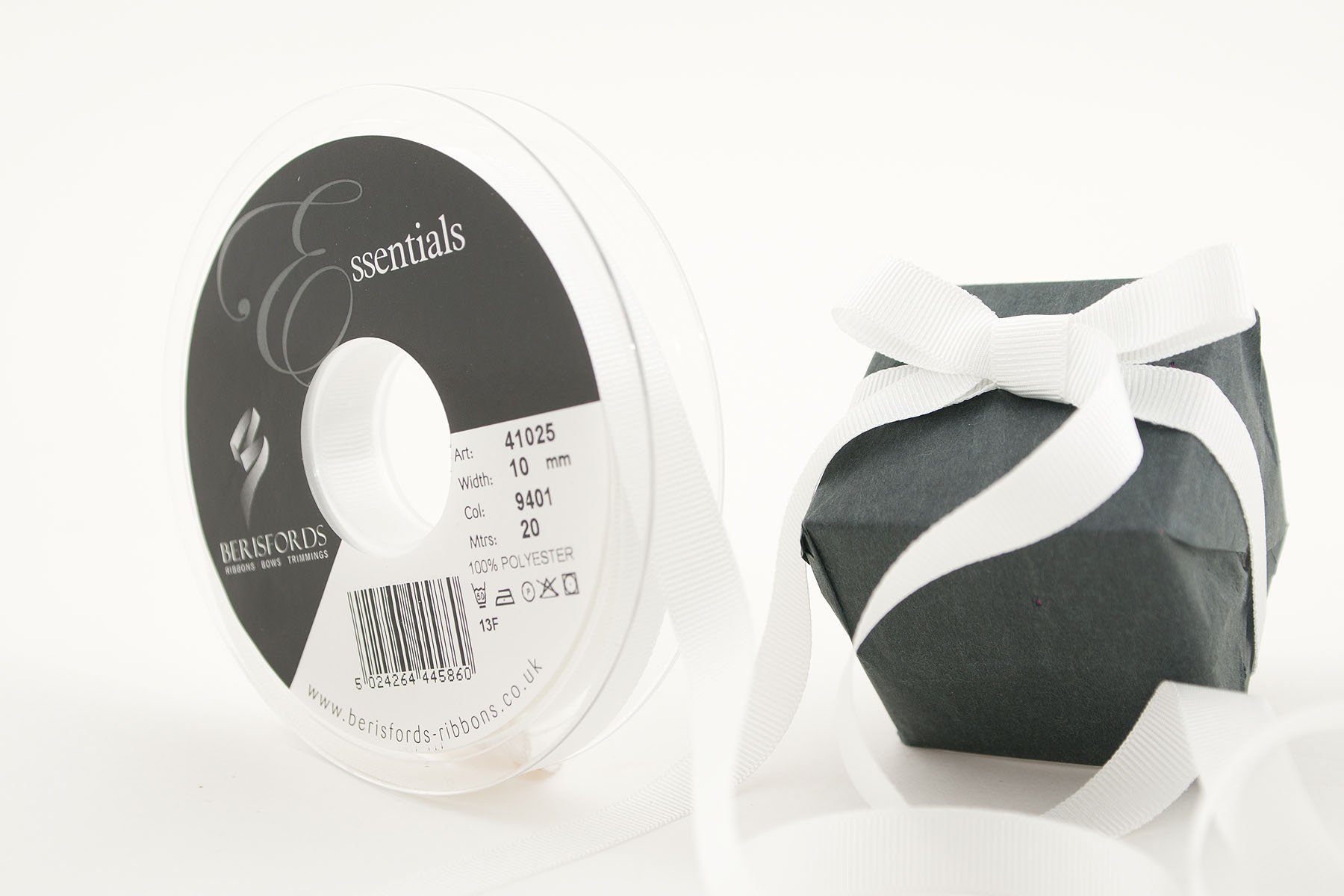 Berisfords 41025 20 m x 10 mm Polyester Grosgrain Ribbon, White
