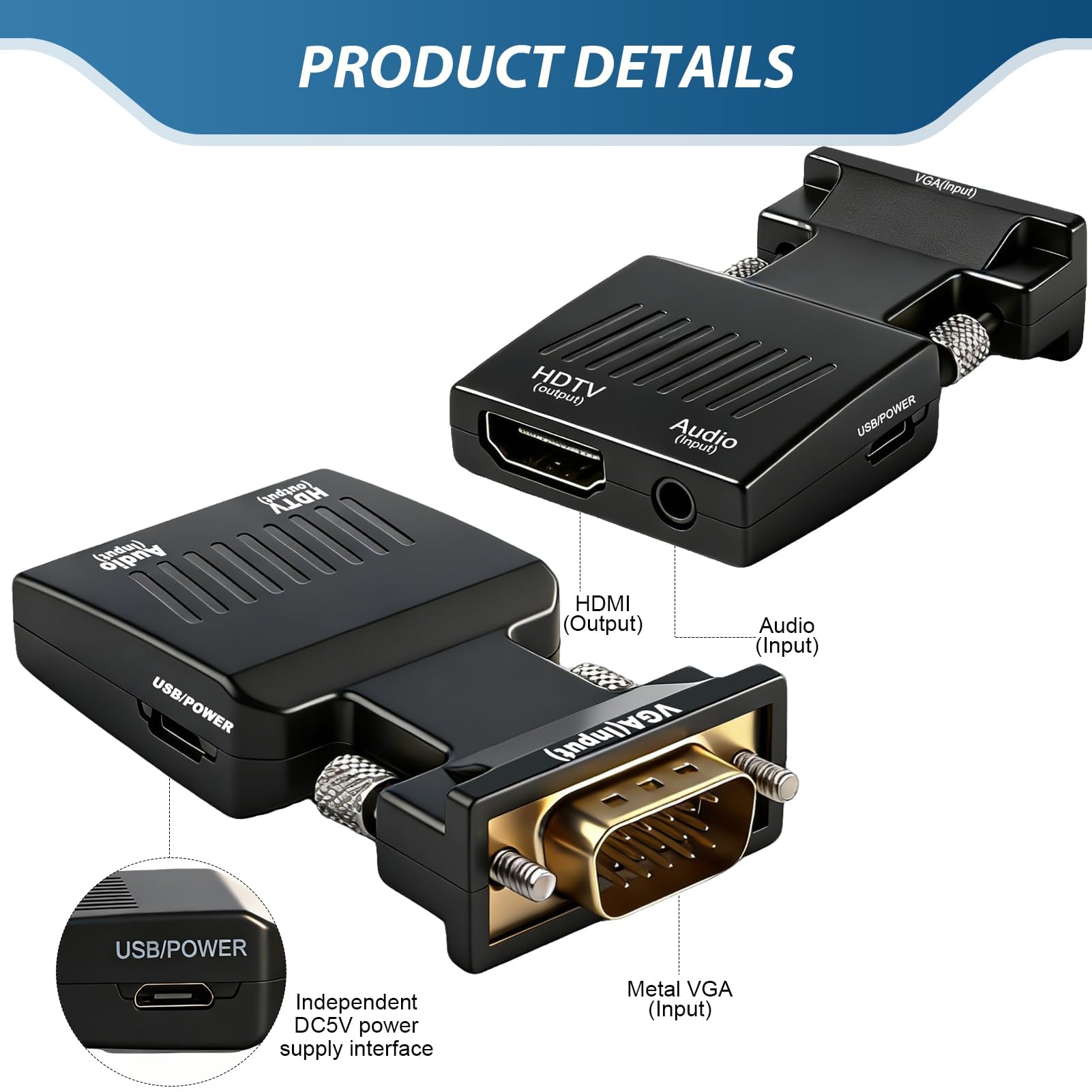 Adaptateur VGA vers HDMI Audio HD 1080p Convertisseur Actif Vidéo VGA Mâle vers HDMI Femelle Câble