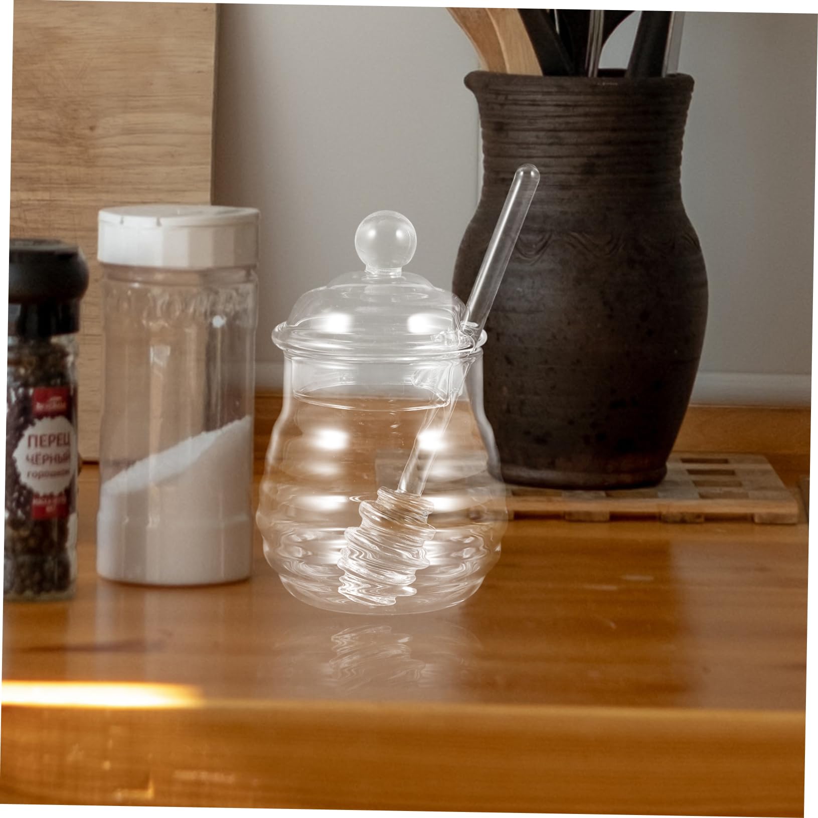 Alipis Clear Glass Set with Dipper and Lid Premium Borosilicate Glass Honey Pot for Kitchen Storage Keeps and Dust