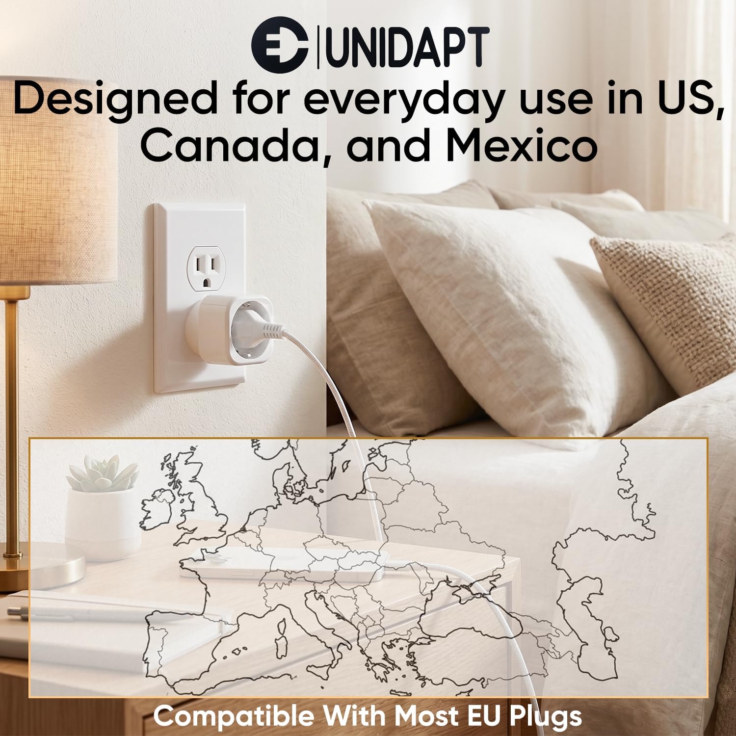 2 Pack European to US Plug Adapter, Unidapt Europe to USA Adapters, Travel from EU to American Outlets, Pin Converter German French Spanish to USA Canada Mexico, Type B