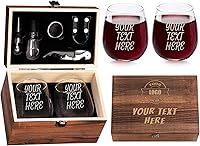 Personalized Engraved Stemless Wine Glasses Set of 2 with Wood Box & Accessories - Custom Gift for Couples Weddings Anniversaries