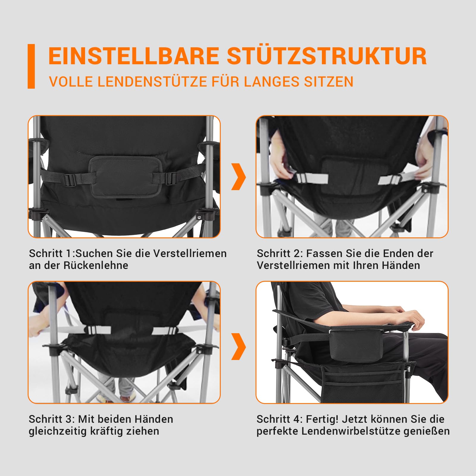 KingCamp Campingstuhl Faltbar Ergonomisch Gepolstert XXL bis 250kg Schwarz | Klappstuhl mit Verstellbarer Lendenwirbelstütze, Kühltasche für Camping, Garten, Angeln & Festival