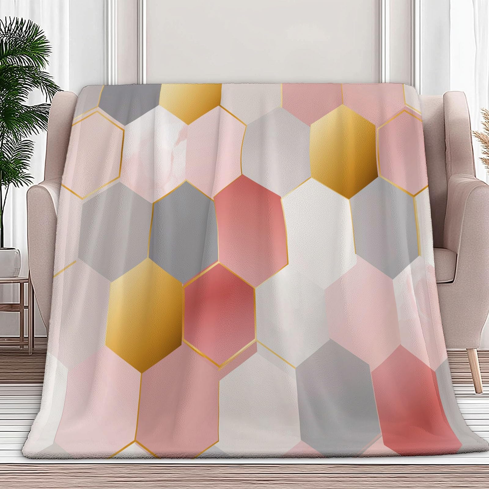 Coperta Plaid Pile in Flanella 180x220 cm Coperta Pile Piccola Esagoni Geometrici A Nido D'Ape, Morbida Soffice Calda Coperte per Divano Singolo Matrimoniale Letto Rosa
