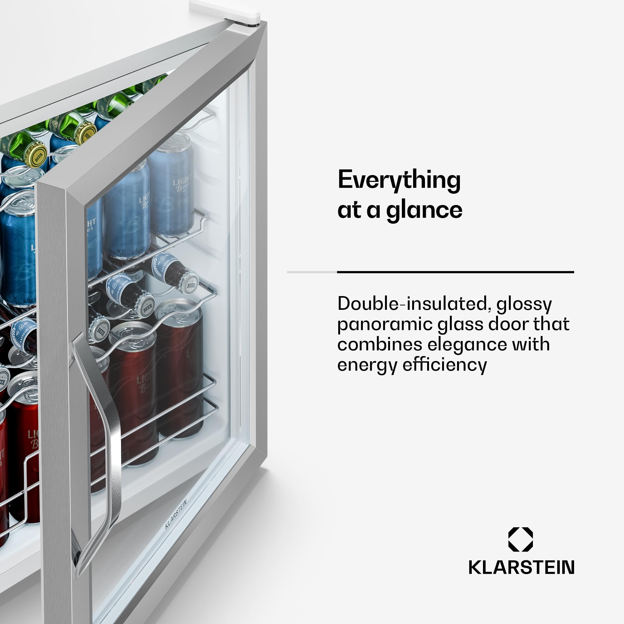 Klarstein Beersafe 60 L Mini Lodówka ze Szklanymi Drzwiami – Lodówka na Napoje, Biały | oświetlenie LED, wyjmowane metalowe półki, cicha, lodówka na piwo i napoje, puszki i butelki