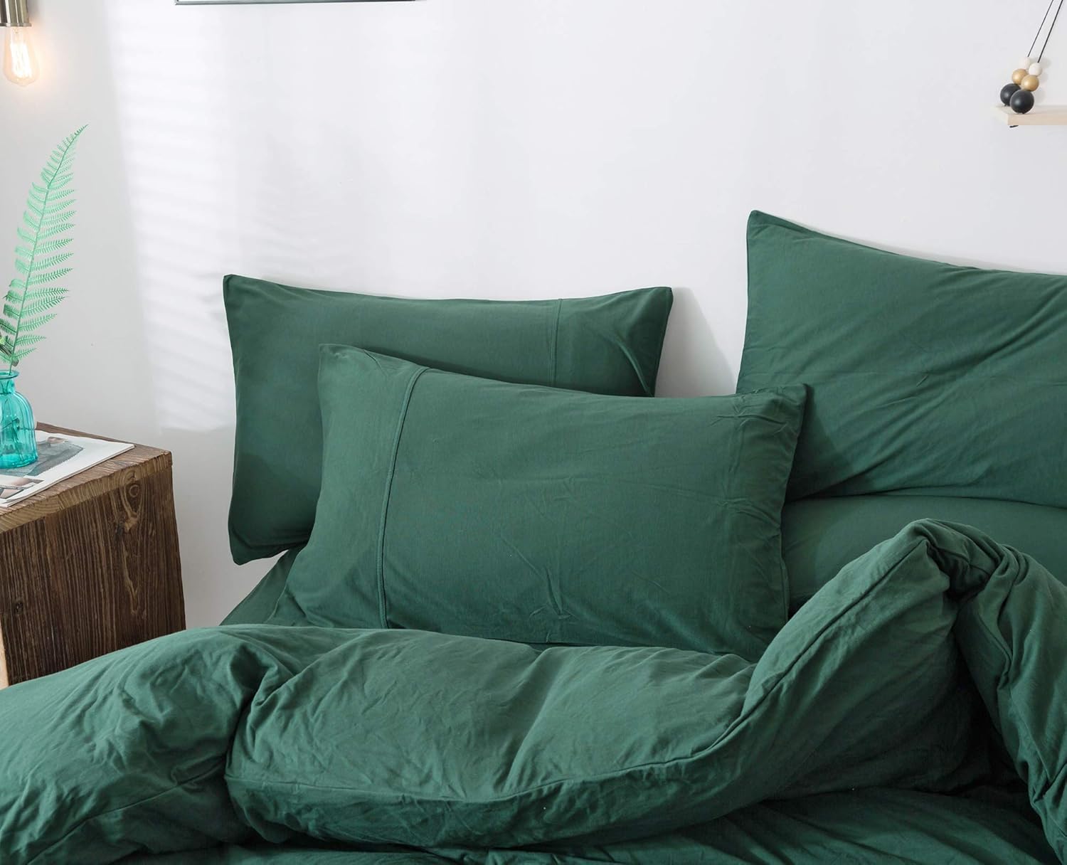 Creative Product KAIANG 100% Jersey Cotton Duvet Cover Set with Two Pillowcases, Zipper Closure Design Comfy and Easy Care 3 Pieces Queen Size ( Dark Green )