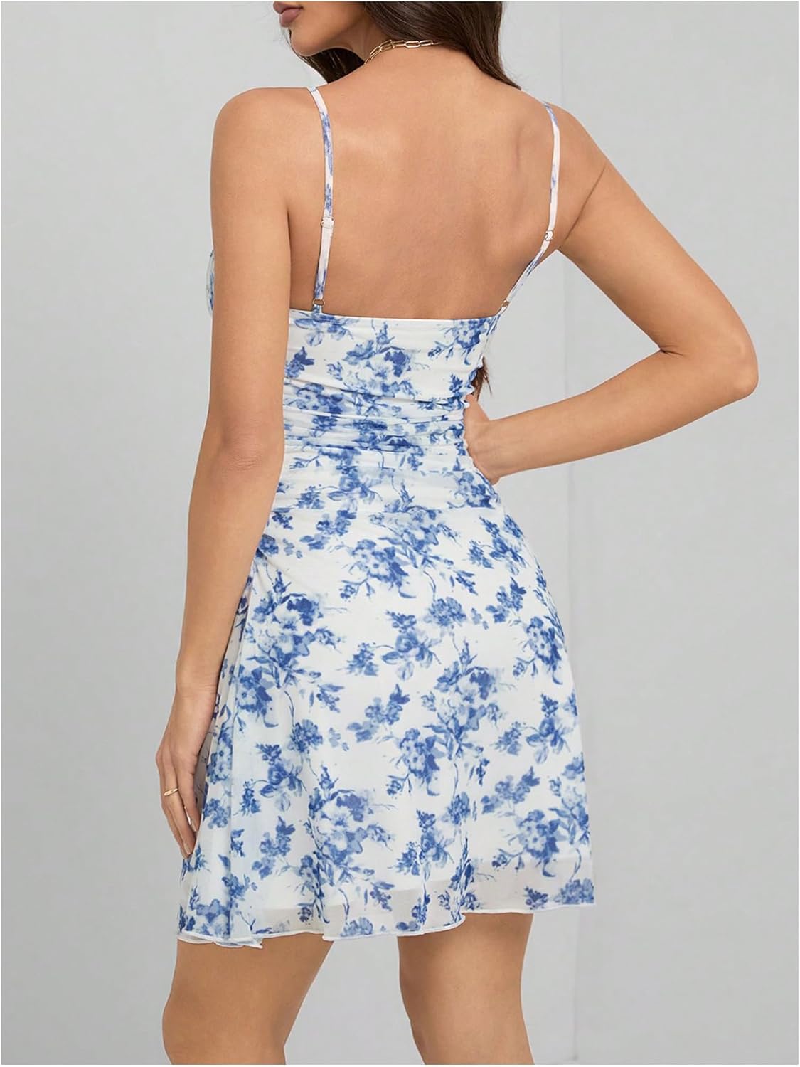 WDIRARA Women's Floral Ruched Cami Dress Boho Spaghetti Strap A Line Short Dresses - Image 3