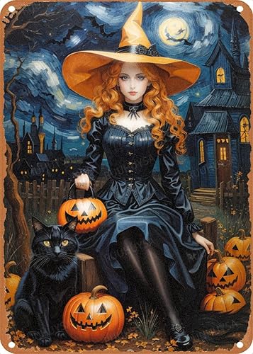 RUUHUYSA Helloween Vintage Metal Tin Sign Witches and Black Cats Tin Sign Home Family Lovers Gift Funny Bedroom Novelty Retro Parlor Courtyard 8x12