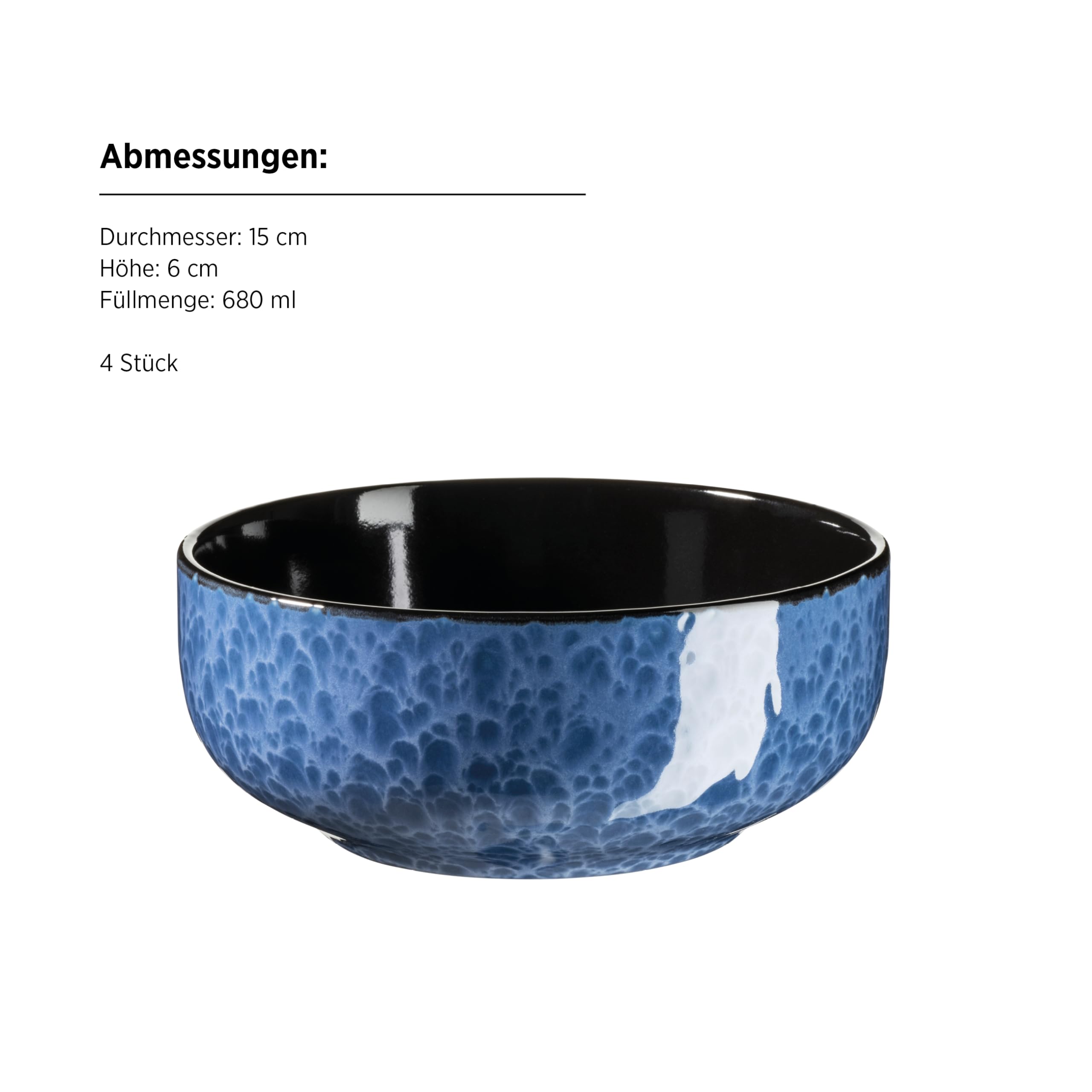MÄSER 934109 Serie Filippa, vajilla de cerámica para 4 personas, moderno juego de vajilla combinada de 16 piezas; platos, cuencos y vasos con esmalte reactivo en azul y negro, gres, azul.