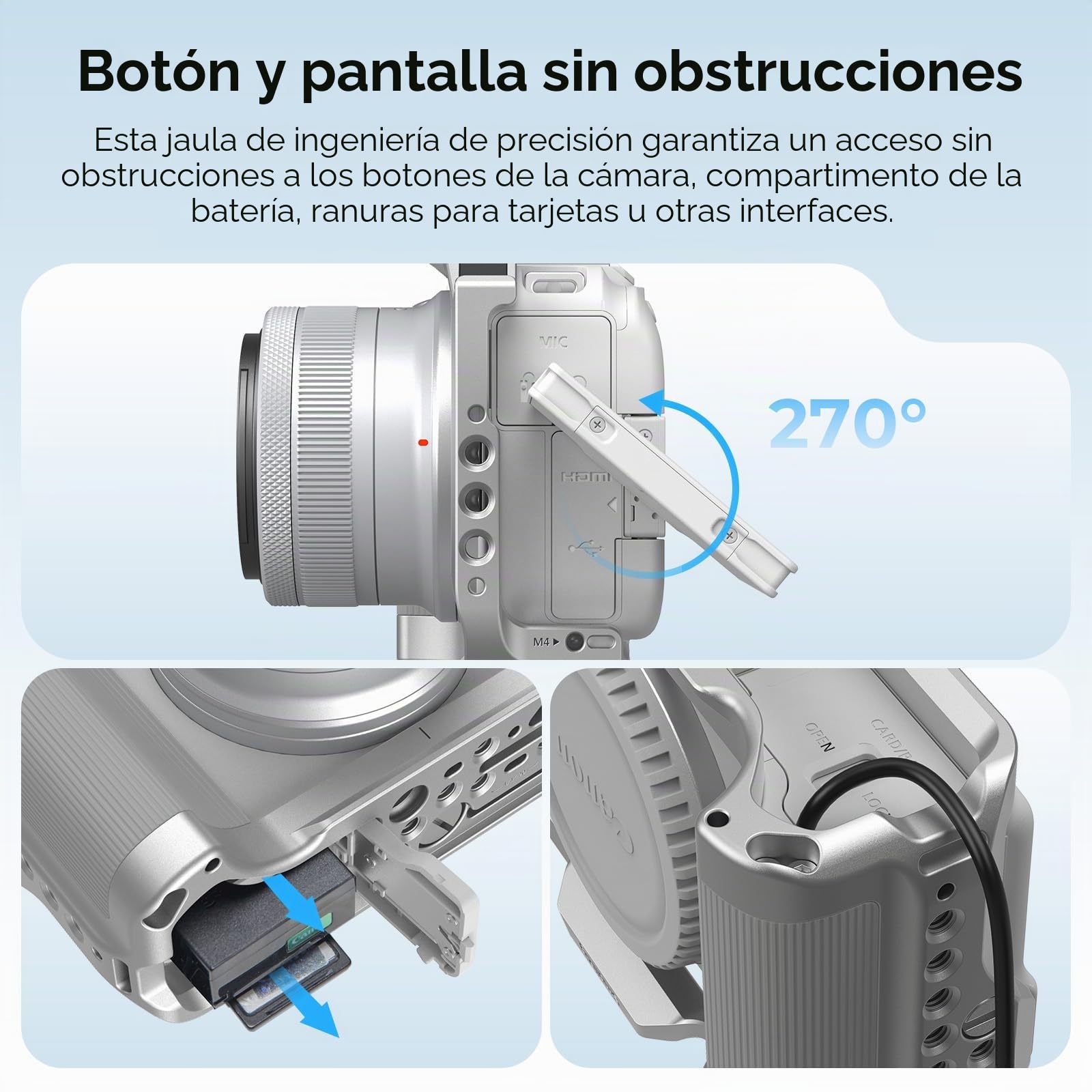 SMALLRIG Jaula para Cámara Canon R50V - Empuñadura Ergonómica de Silicona, Placa QR Arca, Roscas 1/4"-20 y 3/8"-16 (ARRI), Zapata Fría, QD y Disparo Vertical (Plateado) - 5428