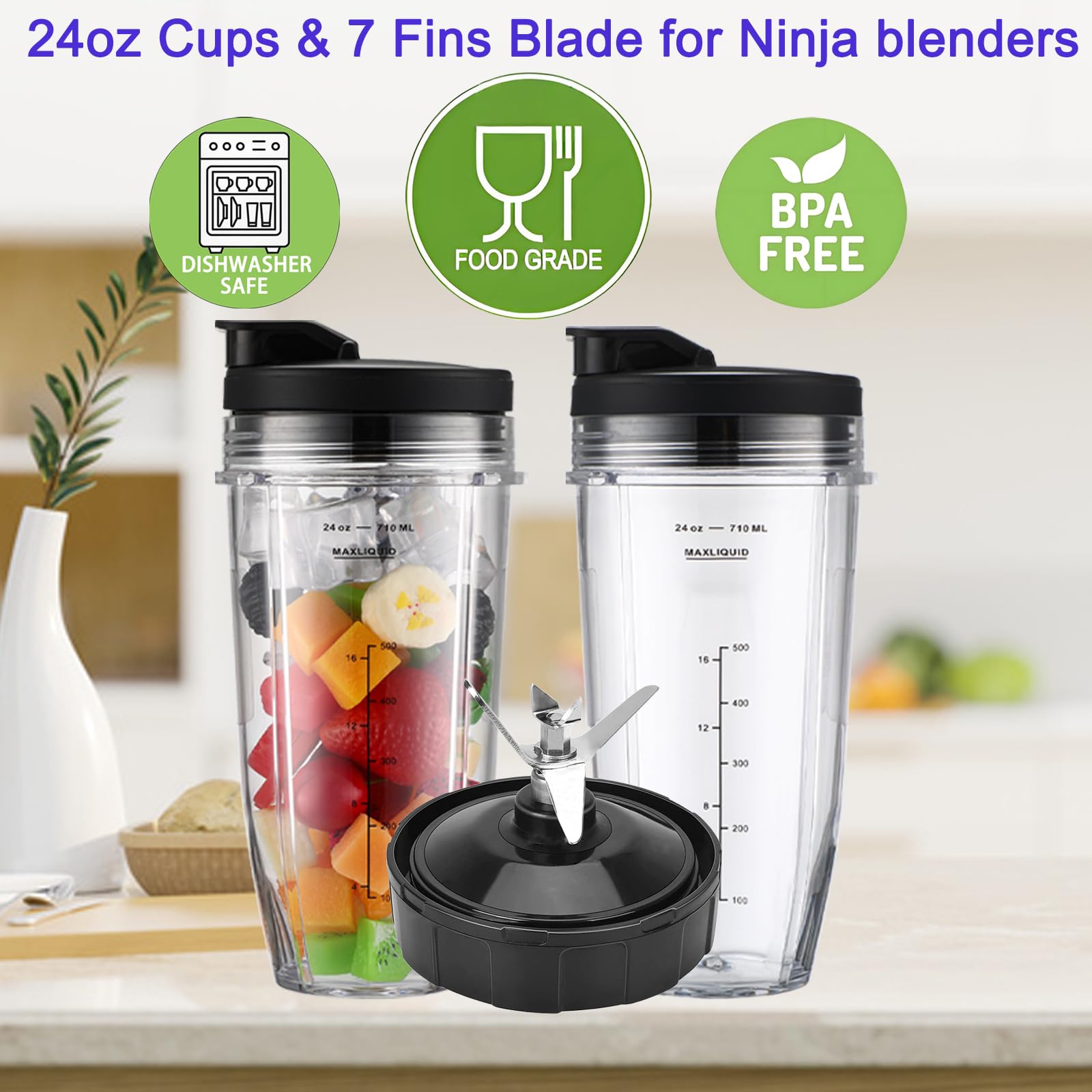 Kit Ricambio 5 In 1 Per Frullatore Ninja: 2 Tazze 470 Ml Con Coperchi E Lama Estrattore A 6 Pinne