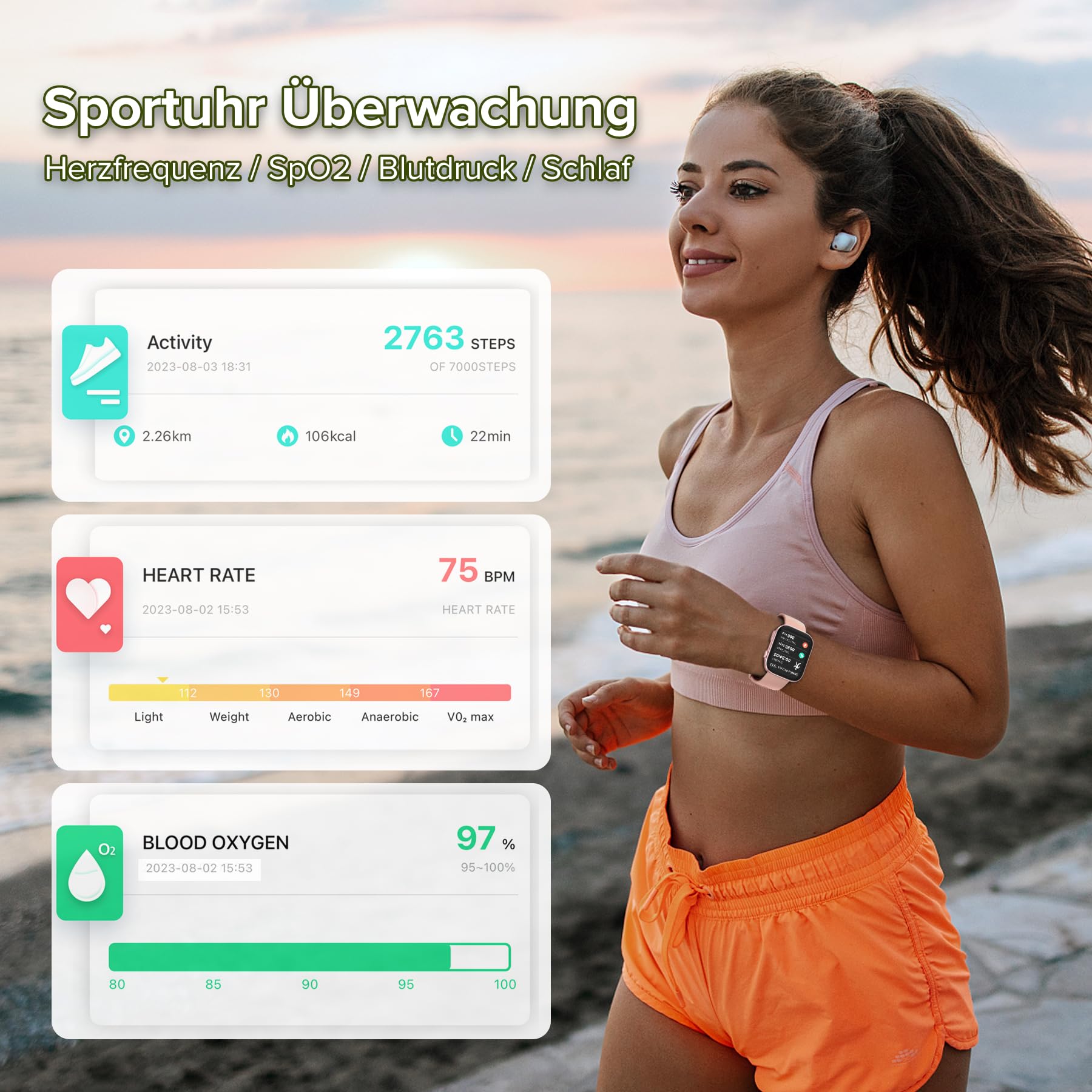 BRIBEJAT Smartwatch Damen 2,01 Zoll Touchscreen 110+ Sportmodi Fitnessuhr Herzfrequenz SpO2 Schlafmonitor IP68 Wasserdicht Android iOS Rosa
