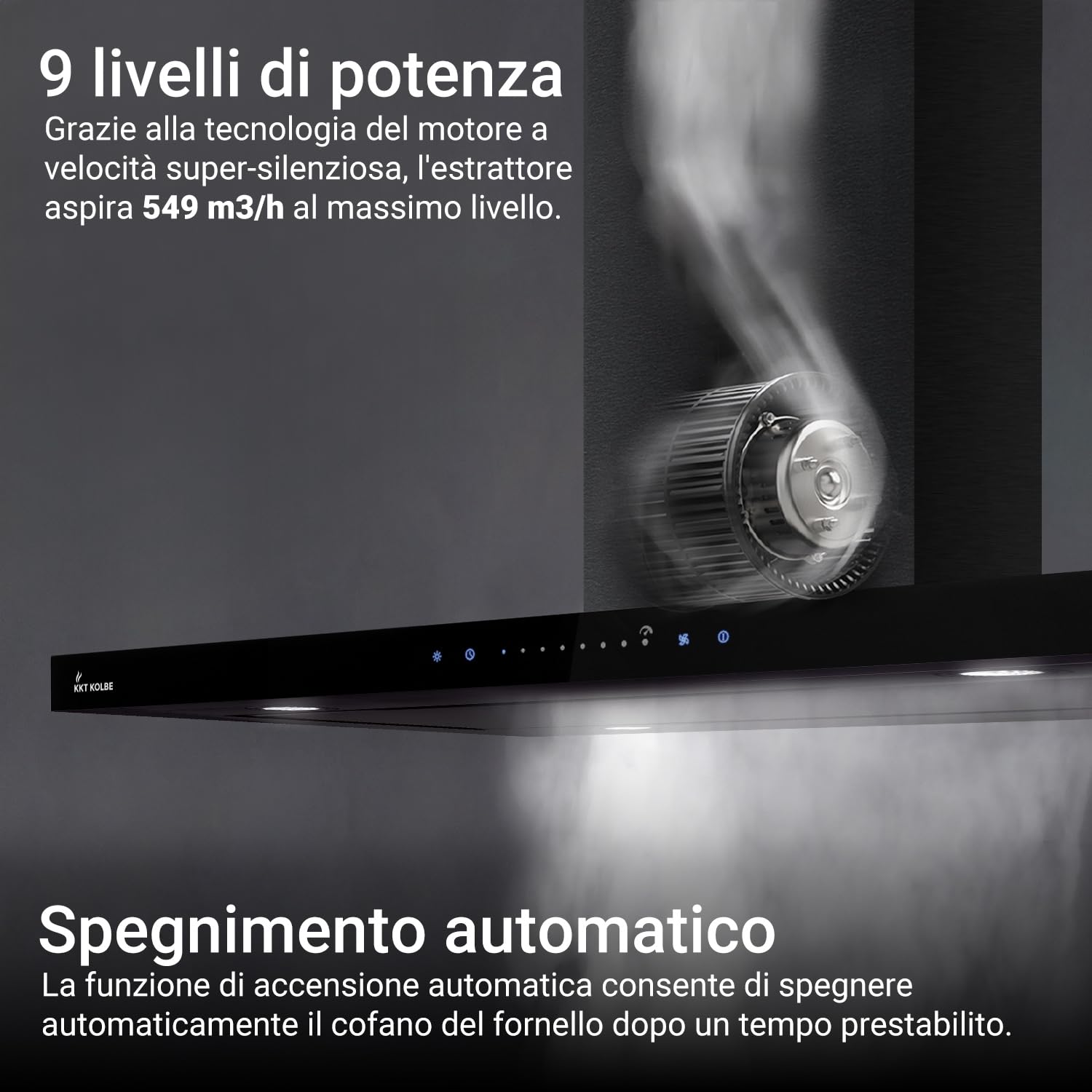 KKT KOLBE A+++ Cappa aspirante 90 cm 680 cbm/h Isola di scarico dell'aria nera vetro Smart WiFi App Wi-Fi Funzione di ricarica automatica SensorTouch con filtro a carbone FLAT-INSEL-6S
