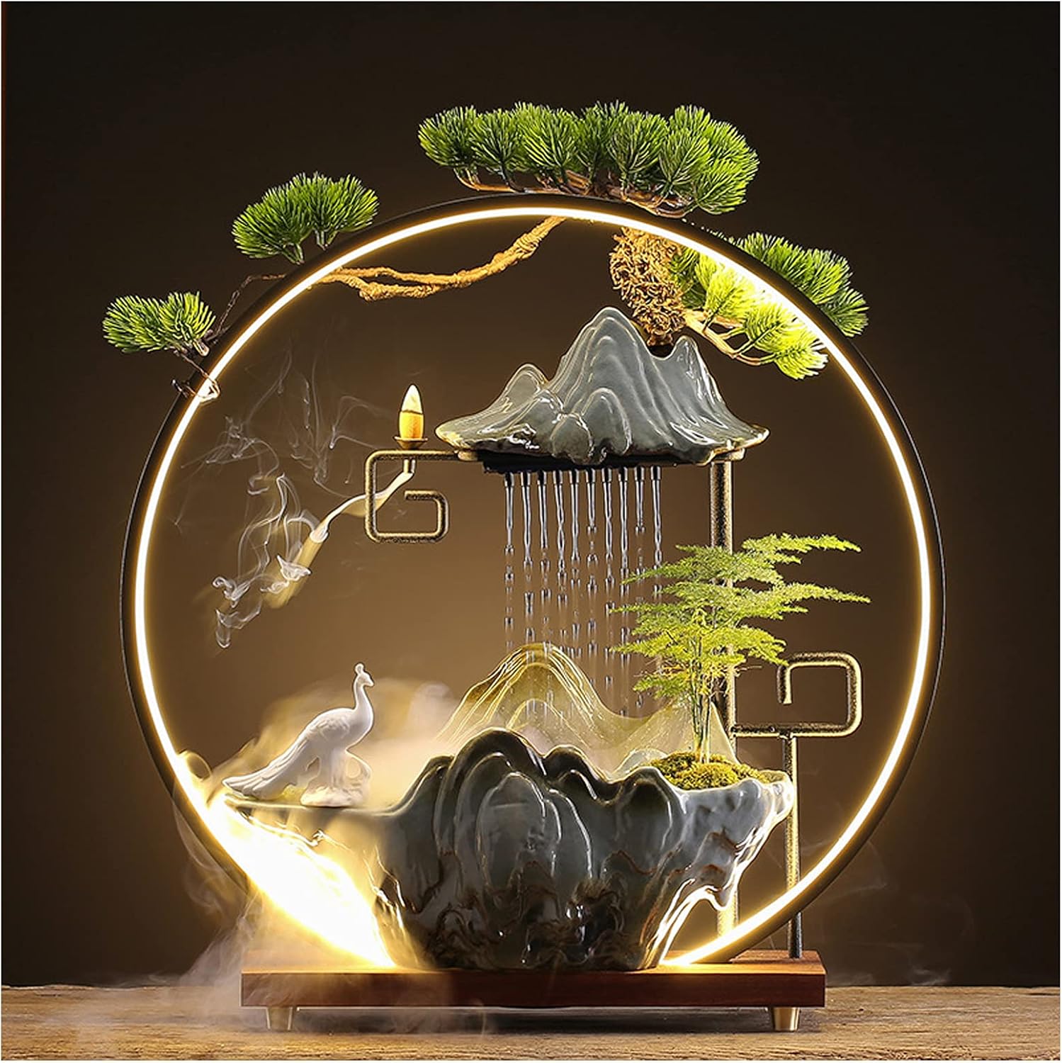 Peacock Tabletop Water Fountains Indoor Waterfall with LED Light Zen Decor for Meditation with Mist Japanese Decor with Fake Plants Feng Shui Decor for Good Luck Wealth