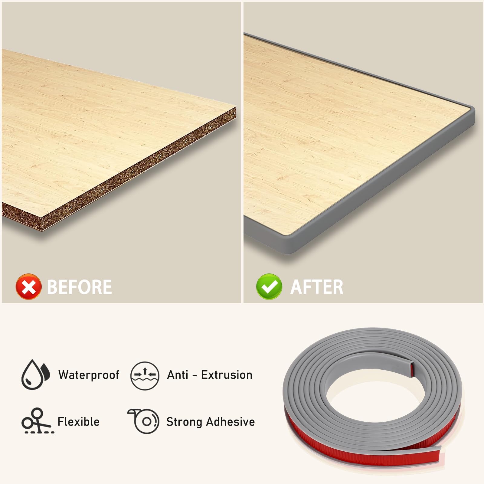 Banda de borde de muebles en forma de U, 5 m x 12 mm, TPE, autoadhesiva, protector de borde flexible para reparación de gabinetes de chapa de madera, restauración de muebles (gris, 5 m x 12 mm)