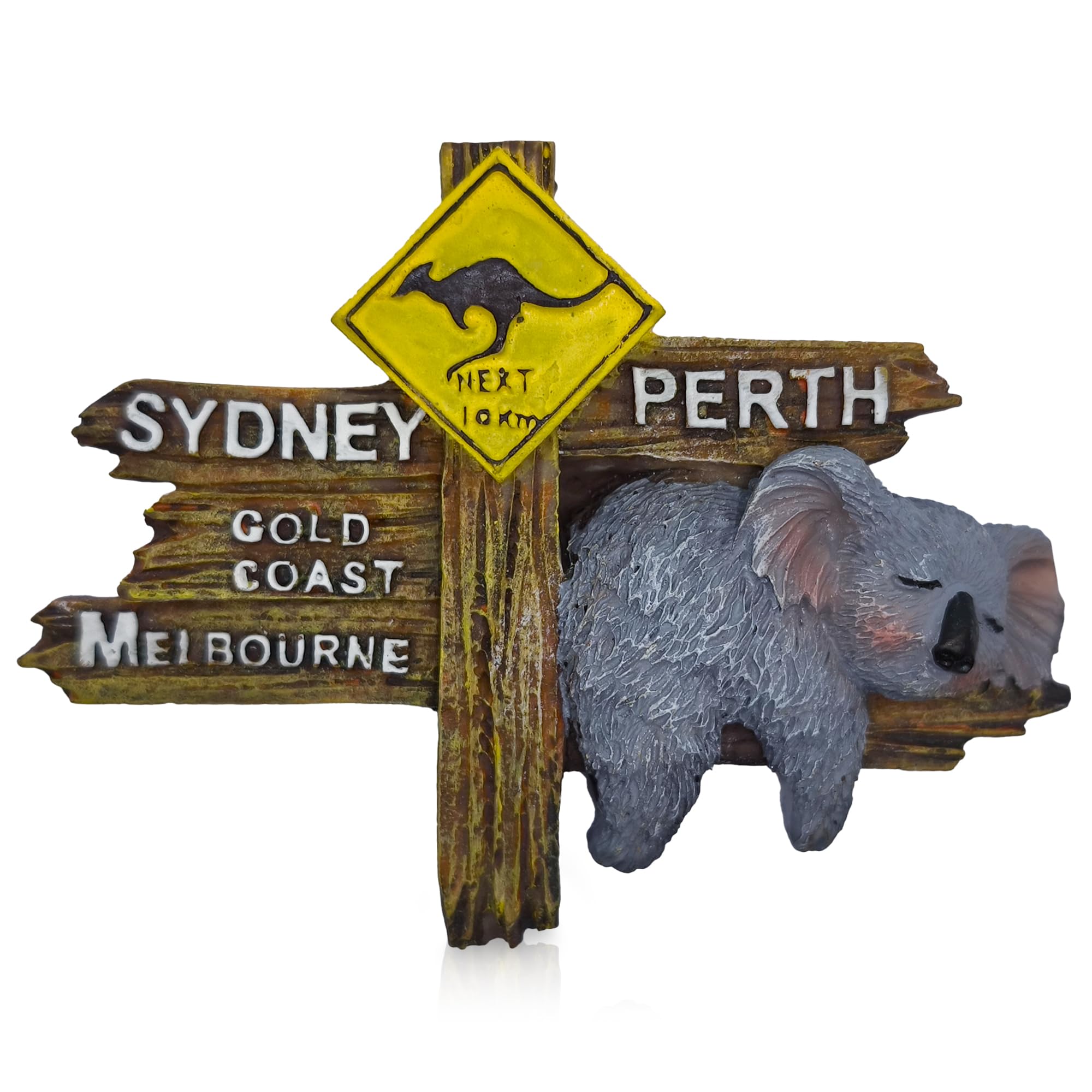 Maxi-Solutions Koala 3D Australia Souvenir Fridge Magnet - Sleeping On Rustic Road Sign With Sydney, Perth, Melbourne & Gold Coast - Hand-Painted Polyresin Travel Keepsake (8.3Cm X 6.4Cm)