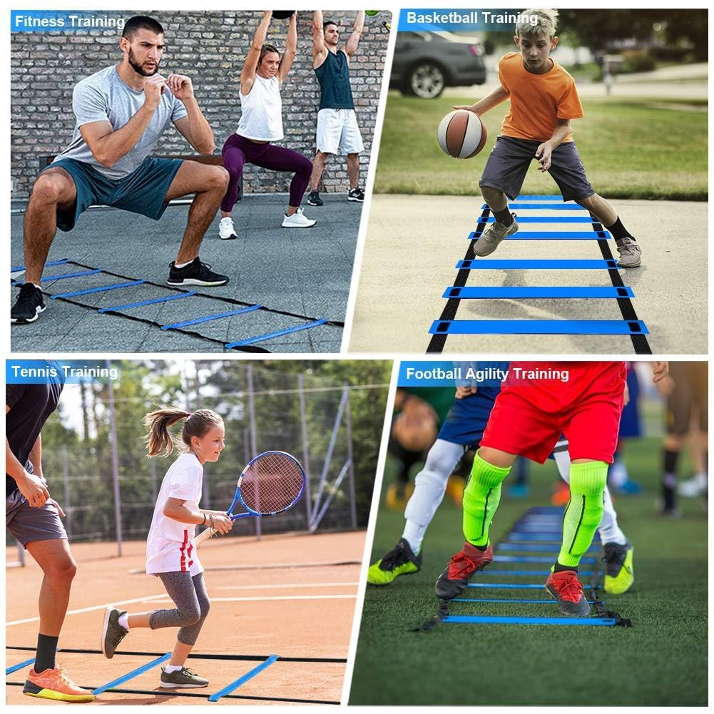 Set di accessori per allenamento da calcio, 6 aste per slalom, scala di coordinazione, 6 m, 12 cappelli, corda per saltare e paracadute per allenamento di coordinazione