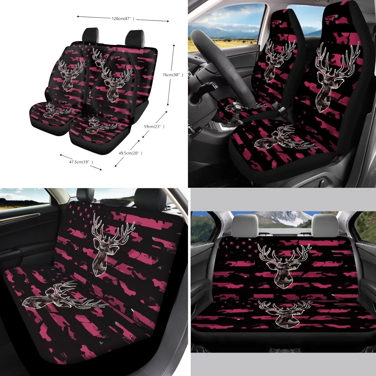 Suobstales Deer Pink Camo American Flag Print Car Seat Covers Full Set for Women Car Seat Cover Protector Auto Decorative with Steering Wheel Cover +Seat Belt Covers +Coasters +Keychains