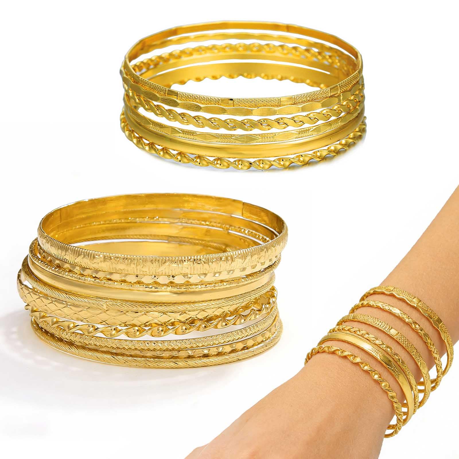 AUGTYRLV 16 piezas Indian Bollywood Colección pulseras doradas para mujer de aleación metálica, brazaletes apilables brillantes, joyería femenina elegante para bodas, fiestas, cumpleaños y uso diario