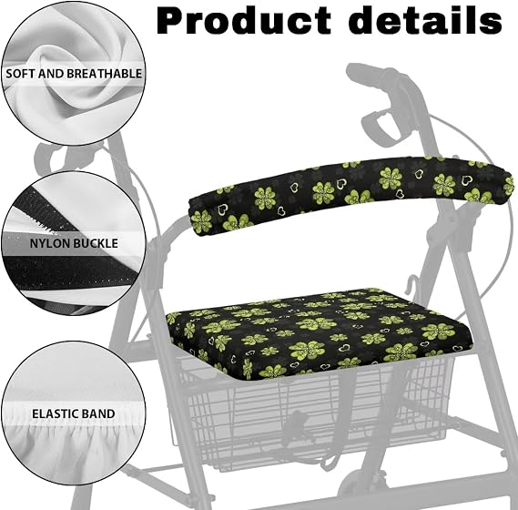 Walkers Rollators Accessories Green Leaves St Patricks Day Decor Walker Seat Covers for Seniors Irish Lucky Day Pattern Universal Rollator Walker Seat and Backrest Covers