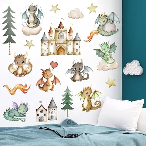 Calcomanías de pared de dinosaurios de dibujos animados 3D, lindos castillos de dinosaurios para bebé, calcomanías de pared extraíbles de acuarela,