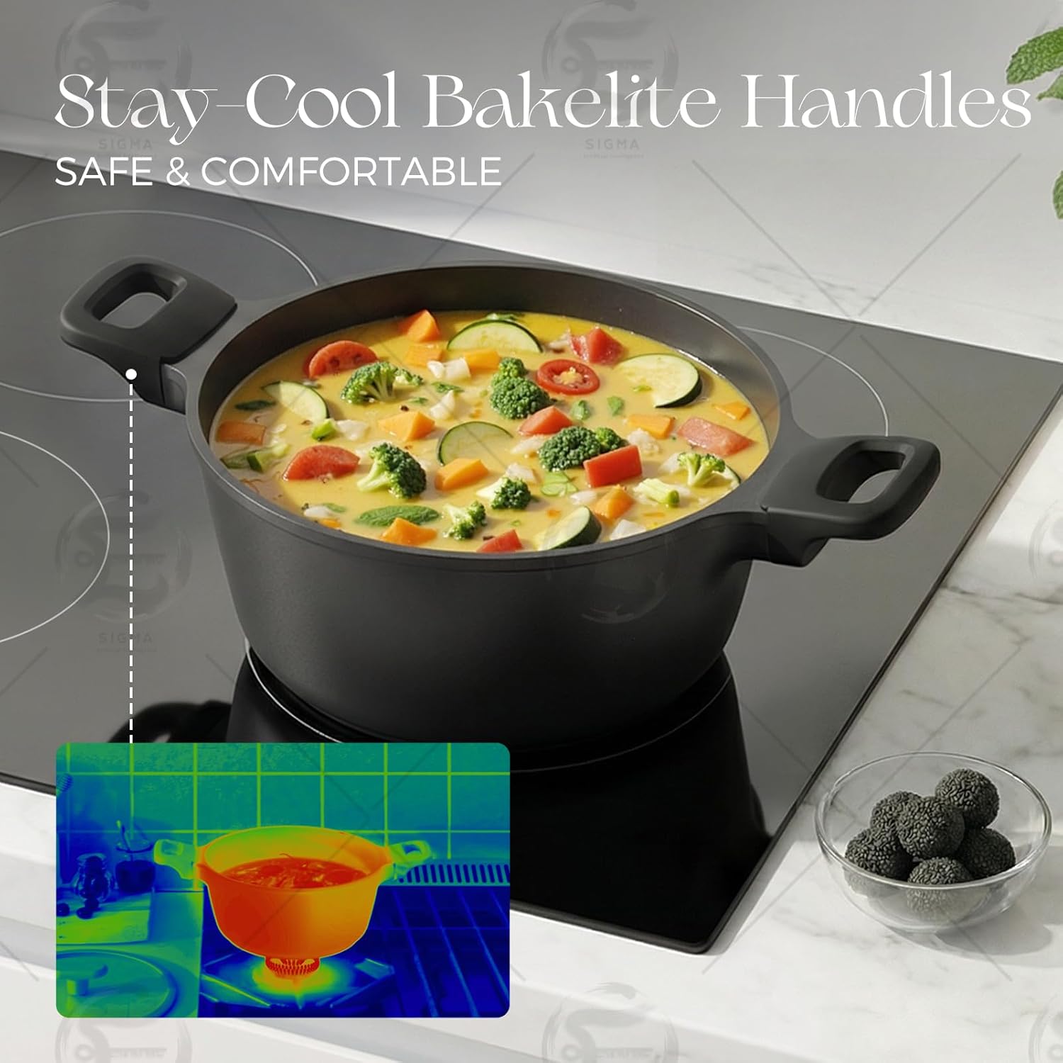 PRICUSIS Nonstick Stock Pot with Silicone Rim Tempered Glass Lid, 4.5/7 QT Soup Pot Casserole, Cooking Pot, Induction Compatible, Dishwasher Safe, Ideal for Pasta & Stews, PTFE PFOA Free, Black Sesame