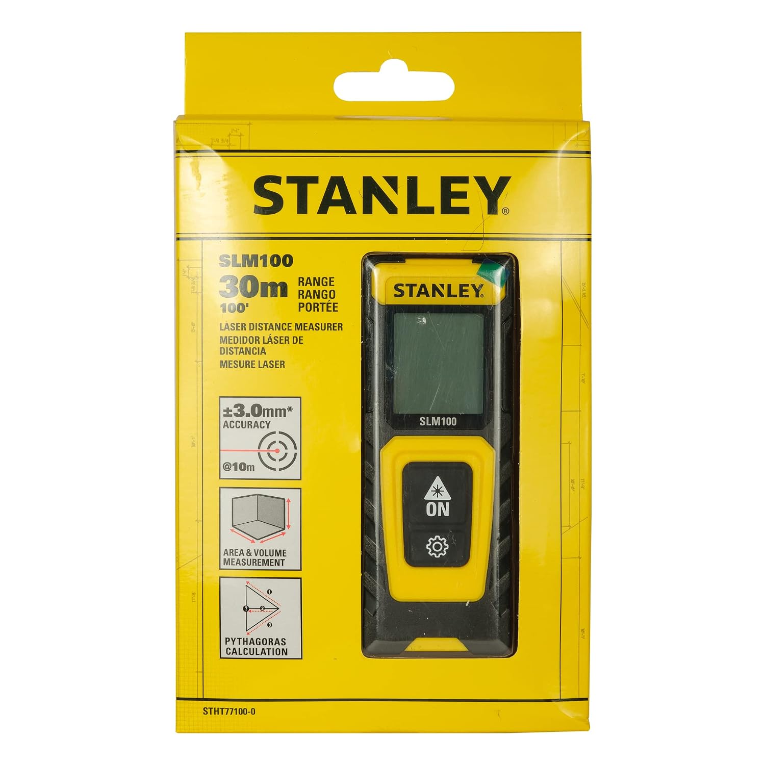 STANLEY STHT77100-0 Laser Distance Measurer packaging showing included items.
